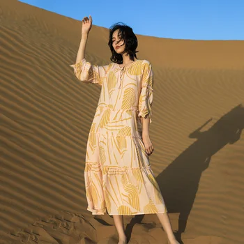 Платье с V-образным вырезом, юбка с цветочным рисунком, пляжная юбка, женское платье с рукавами-пузырями в стиле ретро