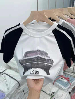 Женская футболка Harajuku в винтажном Корейском стиле Y2k С Круглым вырезом И графическим принтом, Детская Футболка в стиле Пэчворк, Милая Модная Футболка, Уличная Летняя