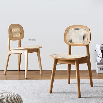 Японские обеденные стулья из ротанга из массива дерева для кухонной мебели, Минималистичный дизайн спинки для отдыха, креативный стул для столовой