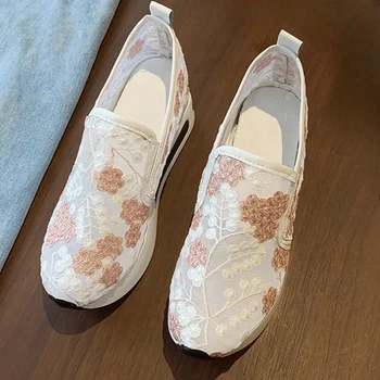 Женская обувь Весенние новые повседневные тапочки из кружевной сетки на танкетке и высокой подошве Matsuke Женская повседневная обувь