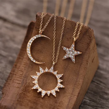 Креативное полое ожерелье с подвеской из кристаллов Солнца, Звезды и Луны, Элегантная цепочка золотистого цвета, Наращиваемая Изящная цепочка для ключиц, Ювелирные изделия, Подарки