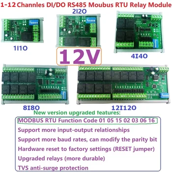 DC 12V 1/2/4/8/12 Канальная изоляция DI-DO PLC Плата расширения ввода-вывода RS485 Релейный модуль Modbus RTU Код 01 05 15 02 03 06 16