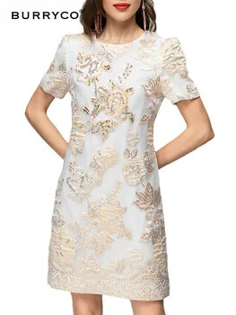 BURRYCO Women's New 2023 Summer European Station Роскошное Стильное платье с рельефной вышивкой, изготовленное из жаккарда Золотой нитью