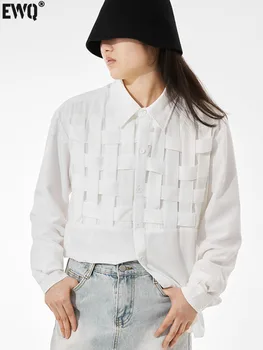 [EWQ] Женская рубашка в полоску большого размера, женская модная блузка с отворотом и длинным рукавом с вырезом, Женская Весенняя новинка 2023, Летний Темпераментный топ