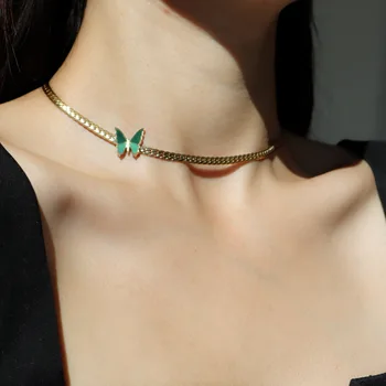 Зеленая цепочка-бабочка, колье, Кубинское ожерелье, ключица, Титановая сталь, покрытая золотом 18 карат, Роскошная изысканная цепочка на ключицу