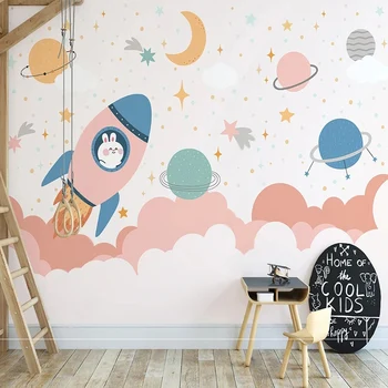 Изготовленная на Заказ 3D Настенная Роспись Nordic Pink Space Rocket Planet Painting Детская Комната Спальня Фон Стены Домашнего Декора Papel De Parede