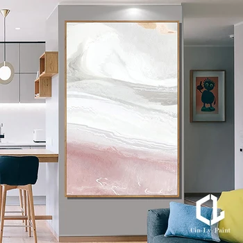 Оригинальная абстрактная розово-белая картина маслом ручной работы, современное настенное искусство на холсте, текстура Роскошной фрески, декор для гостиной Без рамки