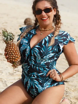 2023 Женский купальник с оборками на молнии, цельный купальник с принтом большого размера, женская пляжная одежда, Монокини, Бразильские купальники