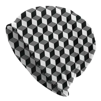 3D Трехмерный эффект простого кубического рисунка, черно-белые мужские и женские шапочки, Велосипедная лыжная кепка, Двухслойная тканевая шапка-капот