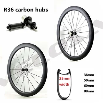 Карбоновые ступицы R36 700C Карбоновые колеса для шоссейного велосипеда 38 мм, 50 мм, 60 мм, 88 мм, трубчатый довод, U-образный обод шириной 25 мм с острым аэродинамическим ободом
