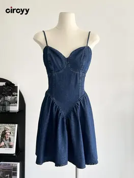Женское платье Circyy, платья из синего денима, плиссированные на тонких бретельках, с высокой талией, Винтажное платье без спинки 2023 года выпуска, Vestido