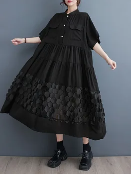 2023 Летнее Корейское модное Женское платье Vestidos Robe Elbise, свободного размера, Черные Длинные платья в стиле пэчворк с рюшами и коротким рукавом.