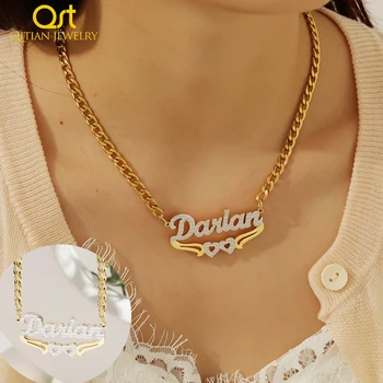 Qitian Именное ожерелье на заказ с сердцем из 18-каратного золота с двойной 3D-табличкой, ювелирные изделия с именными подвесками, подарок для женщин