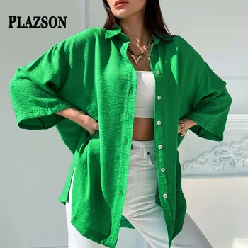 PLAZSON Женская длинная рубашка Оверсайз, однобортная свободная блузка с лацканами, кардиган, топы с роговыми рукавами, Однотонная базовая шикарная уличная одежда