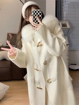 2022 женские элегантные зимние пальто с меховым воротником, женские роговые боттоны, милые белые длинные пальто, корейская толстая теплая верхняя одежда