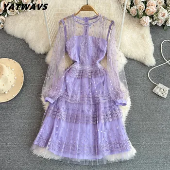 Роскошные модные кружевные платья в стиле пэчворк с сетчатой вышивкой фиолетового цвета Для женщин, Элегантные дизайнерские платья Миди в складку с длинным рукавом
