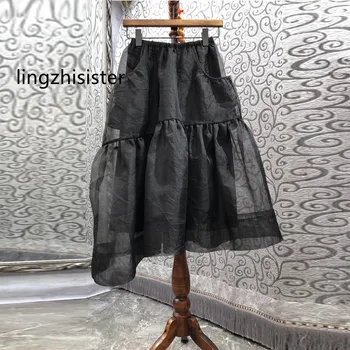 Женская черная юбка 2023 Летняя женская мода, пышные юбки с эластичной талией, тонкие юбки длиной до икр, Новое поступление