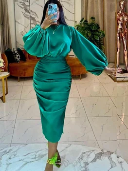 Зеленые платья с длинным рукавом Облегающее Эластичное Атласное платье Миди Элегантного Большого размера с блестящими Вечерними нарядами для Рождественской вечеринки в Церкви