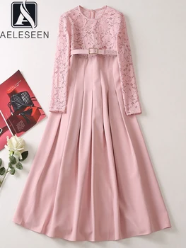 Женское кружевное платье AELESEEN, подиумная мода, весна-лето, розовый пояс с цветочной вышивкой, элегантная вечеринка с длинным рукавом, праздник