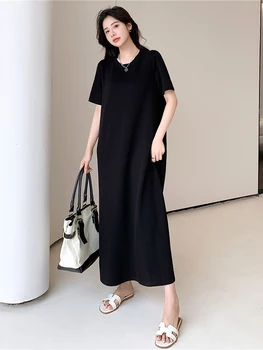 Лето 2023, Корейское модное Женское платье-рубашка, Vestidos Robe Elbise, Свободные повседневные Длинные платья с круглым вырезом и коротким рукавом, большие размеры, женские