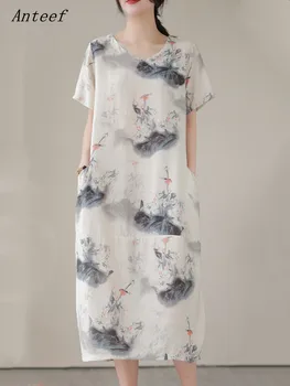 Винтажные платья с цветочным рисунком из хлопка размера оверсайз Anteef с коротким рукавом, повседневное свободное длинное летнее платье, элегантная одежда 2023 года.