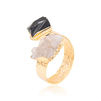 Открытое кольцо из необработанного кварца неправильной формы для женщин и девочек, золотого цвета, бохо, черного турмалина, украшения для пальцев с возможностью изменения размера