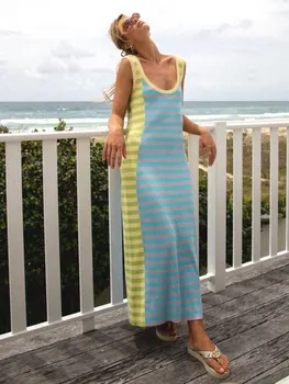 2023 Летнее женское повседневное трикотажное пляжное платье Макси с капри, U-образный вырез, без спинки, без рукавов, Y2K, Пляжная одежда в полоску, накидки для купальников, A2605