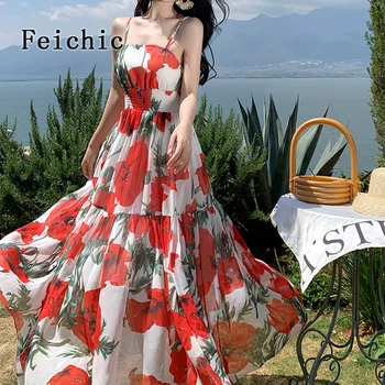 Высококачественное летнее женское платье со складками на талии Feichic, Корейское модное длинное платье на подтяжках с принтом для праздничной вечеринки y2K Mujer