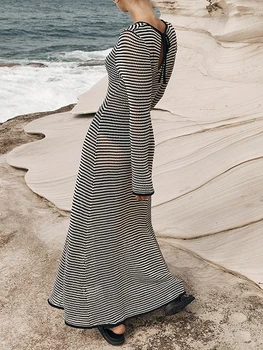 Женское длинное платье из трикотажной сетки в прозрачную полоску с круглым вырезом и длинным рукавом, пляжные платья-маскарады