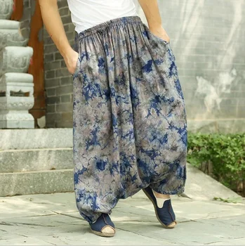 Хлопчатобумажные льняные брюки в китайском стиле с ретро-принтом, широкие брюки с большой промежностью, мужские женские повседневные шаровары