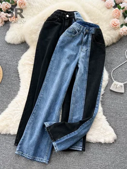 Джинсовая ткань с ОДНИМ карманом, женские джинсы с застежкой-молнией в стиле ретро, повседневная Прямая Свободная уличная одежда, женские модные осенние Длинные брюки