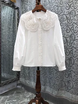 Рубашки из 100% хлопка 2023, Весенне-летние блузки, женские повседневные белые рубашки с воротником Питер Пэн, вышивка бисером, Деко с длинным рукавом