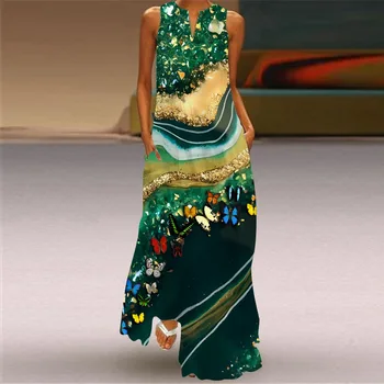 Женское весенне-летнее длинное платье без рукавов, свободные пляжные платья с V-образным вырезом, вечерние платья Макси с принтом бабочки для женщин