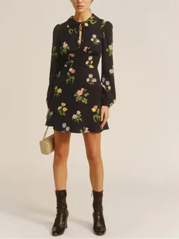 Женское мини-платье с отложным воротником и цветочным принтом на шнуровке, 2022 Летние Тонкие Женские Элегантные платья-халатики с длинным рукавом
