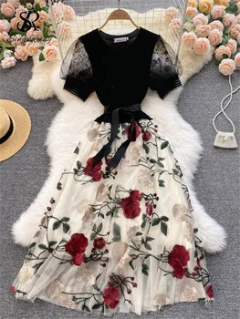 SINGREINY Франция Ретро Длинное платье с цветочным рисунком, короткими пышными рукавами, Вязаный сетчатый бант, Лоскутное женское Нежное винтажное платье