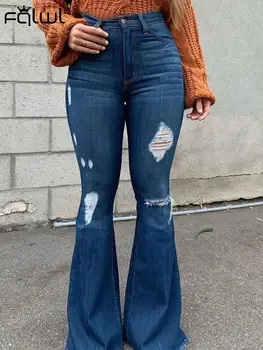 FQLWL Обтягивающие синие джинсовые брюки для женщин, летние наряды больших размеров 2023, повседневные брюки-клеш с высокой талией, джинсовые брюки, женские брюки