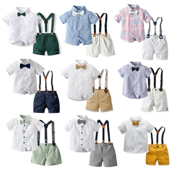 Летнее праздничное платье для маленьких мальчиков, хлопковый костюм с коротким рукавом, рубашка + шорты с поясом, Комплекты одежды для джентльменов из 2 предметов Для мальчиков