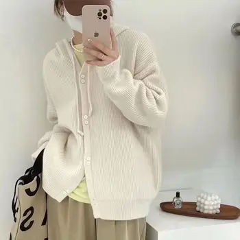Весна-Осень 2023, Новый Женский Корейский Кардиган, Вязаный свитер с капюшоном, Модный Повседневный Свободный Однобортный свитер A41