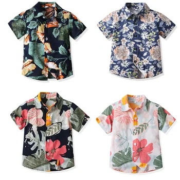 Летняя детская одежда, рубашка с короткими рукавами для мальчиков, Гавайский повседневный кардиган из хлопка с цветочным рисунком для отца и сына, подходящие семейные наряды