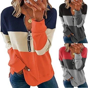 Свободный свитер, женские джемперы, повседневные топы с длинным рукавом, женский осенний пуловер, куртка, пальто, толстовка на молнии в стиле пэчворк с V-образным вырезом FC0973