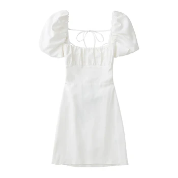 Платье-сорочка из смеси хлопка и льна, женское белое повседневное женское платье с квадратным вырезом, коротким пышным рукавом, без спинки, с перекрещивающимися бретельками, платья