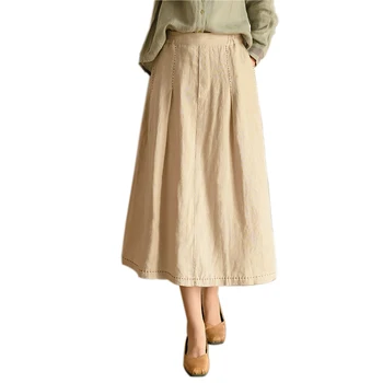 Украшенные женские юбки миди трапециевидной формы из 100% льна бежевого цвета M, L, XL