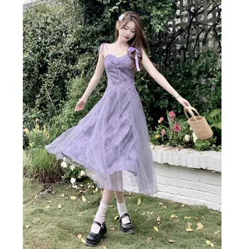 Летнее женское длинное платье Sweet Girl, Корейское кружевное платье без рукавов с цветочным принтом, Потрясающие Сетчатые платья средней длины