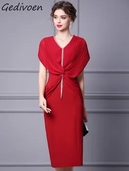 Модные дизайнерские весенние женские платья Gedivoen с V-образным вырезом и тонкой длинной юбкой, красные платья для темпераментных девушек высокого качества