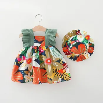 Детское платье, прекрасная летняя одежда для новорожденных девочек, тонкие хлопковые платья без рукавов с принтом, солнцезащитная шляпка, комплект одежды для новорожденных
