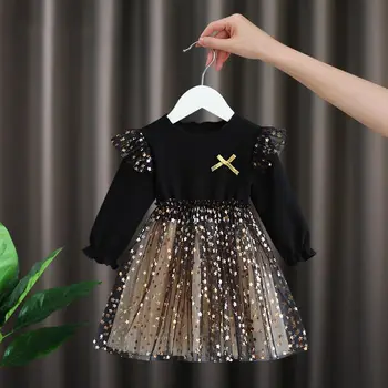 Черное платье для девочки, весенний стиль, Корейская версия, хлопковая пышная юбка для девочки, супер-сказочная газовая юбка принцессы в звездном стиле в иностранном стиле