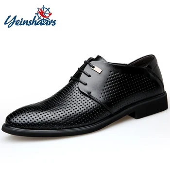 Мужская обувь Люксового бренда, Открытая Официальная обувь, Летний деловой костюм с острым носком, Офисное платье-Оксфорд, Кожаная обувь коричневого, черного цвета