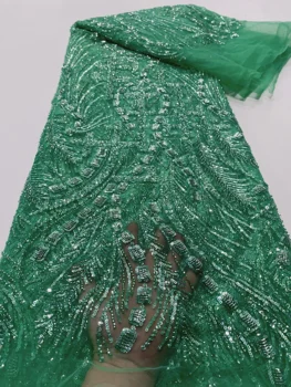 2023 Высококачественная Африканская кружевная ткань ручной работы из бисера Зеленая Кружевная ткань с французской вышивкой для Нигерийской свадьбы
