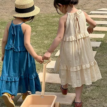Летнее платье-торт без рукавов для девочек 2023 года, однотонные Длинные дышащие детские платья