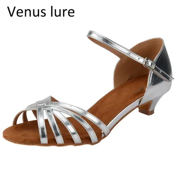 Женские босоножки Venus Lure для бальных танцев, серебристые танцевальные туфли из искусственной кожи на низком каблуке 4 см